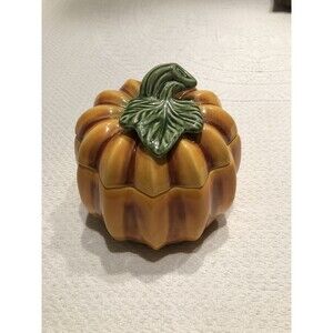 Olfaire Ceramic Pumpkin Candy Dish w/Lid Made in Portugal 7”T 7”W Decorative